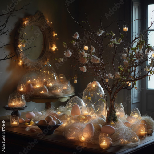 An ethereal Easter display  perfectly illuminated by accent lighting and captured in stunning detail
