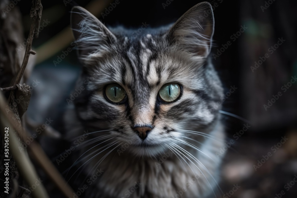 One of the eyes of a stray grey cat in a park was hurt. Generative AI