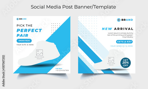 Online Shopping Sports Shoes Sell Banner. Social media banner templates. Blue and white background shoes banner design.
