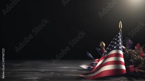 Fahne der Vereinigten Staaten von Amerika mit Eicheln auf schwarzem Hintergrund (Generative AI)
