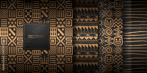 Seamless vector hand drawn golden ethnic pattern set. Abstract gold background on black. Dark tribal indian Navajo print collection. Web page fill Aztec seamless native folk wrapping paper texture