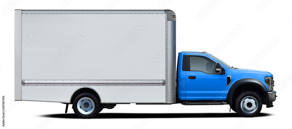 Modern american delivery truck with blue cab side view isolated on white background.
