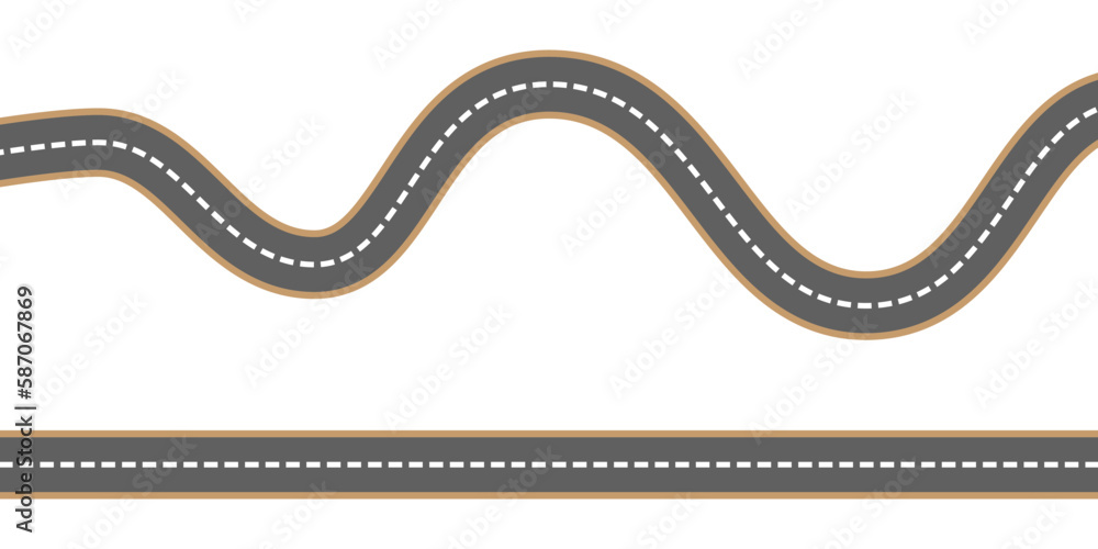 Straight and winding road road. Seamless asphalt roads template. Highway or roadway background. Vector illustration.