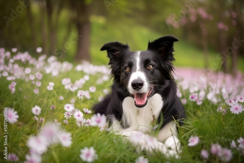 lovely spring image of a cute black and white border collie in a blossoming park. Generative AI