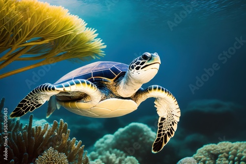 View of underwater wild turtle floating over blue beautiful natural ocean background. Life in the coral reef underwater. Wildlife concept of ecological environment. Generative AI