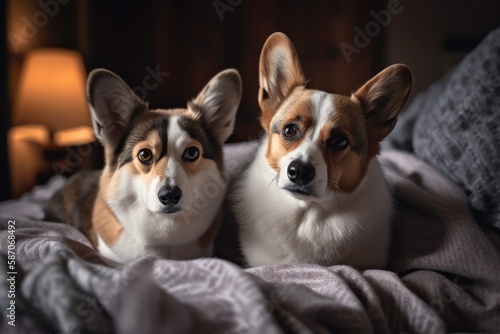 At home  a Pembroke Welsh Corgi dog and a gray kitten sit together on a bed under a cozy blanket. Generative AI