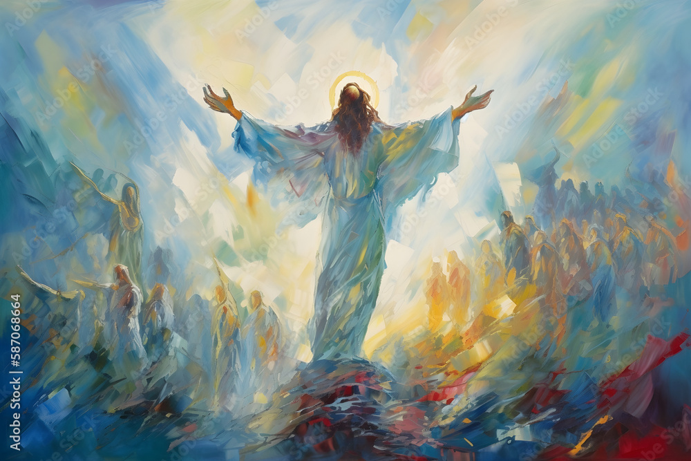 Resurrection and ascension of Christ to heaven, abstract oil painting style, ai generative - obrazy, fototapety, plakaty 