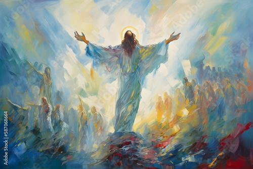 Resurrection and ascension of Christ to heaven, abstract oil painting style, ai generative photo