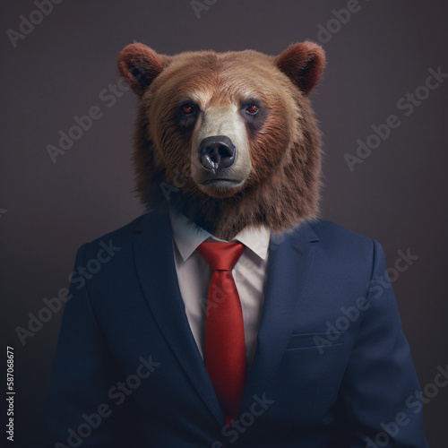 animal in a blue navy suit with red tie, bear, business man, generative ai	