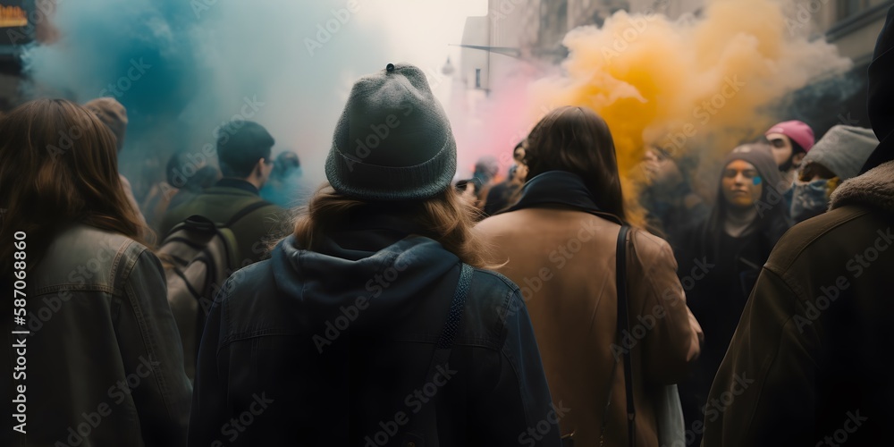 Group of people protesting and holding abstract signs, giving slogans in a rally. Group of demonstrators protesting in the city. Generative Ai. Gas Smoke in the Crowd. Group of people protesting and holding abstract signs, giving slogans in a rally. Group of demonstrators protesting in the city. Generative Ai. Gas Smoke in the Crowd.