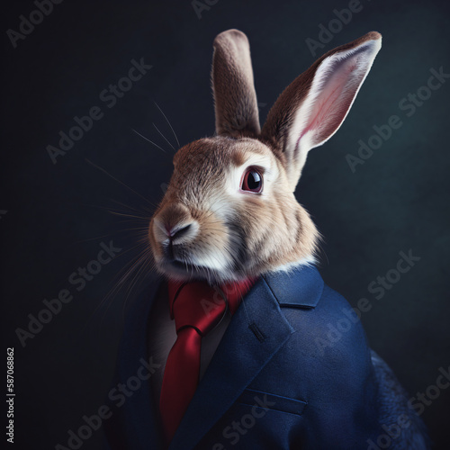 animal in a blue navy suit with red tie, rabbit, business man, generative ai  © Nicola