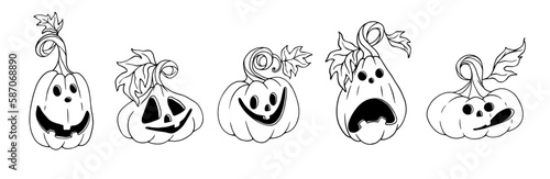 Sketch set of funny autumn pumpkin characters. Vector cartoon graphics.