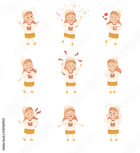 Little adorable girl expressing positive and negative emotions set. Cute girl with various face expression and gesturing cartoon vector illustration