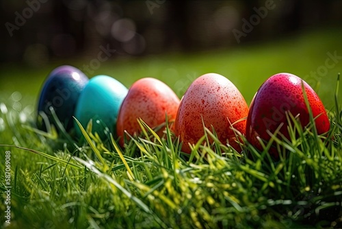 colored Easter eggs arranged in a row on green grass. Generative AI