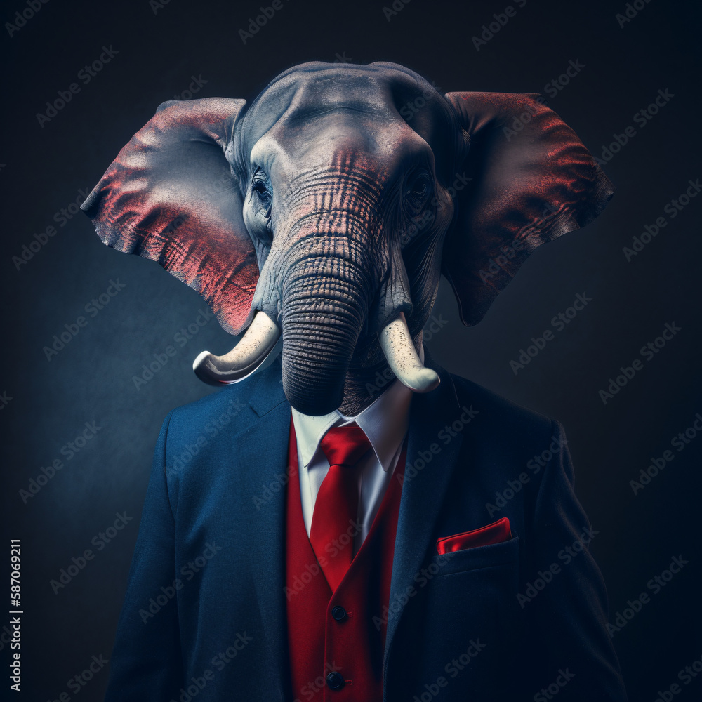 animal in a blue navy suit with red tie, elephant, business man, generative ai	