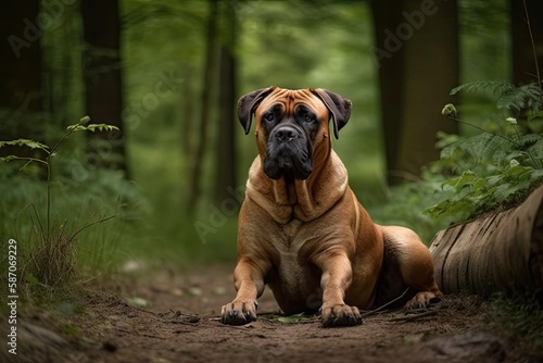 Boerboel dog from South Africa posing in the woods. Generative AI