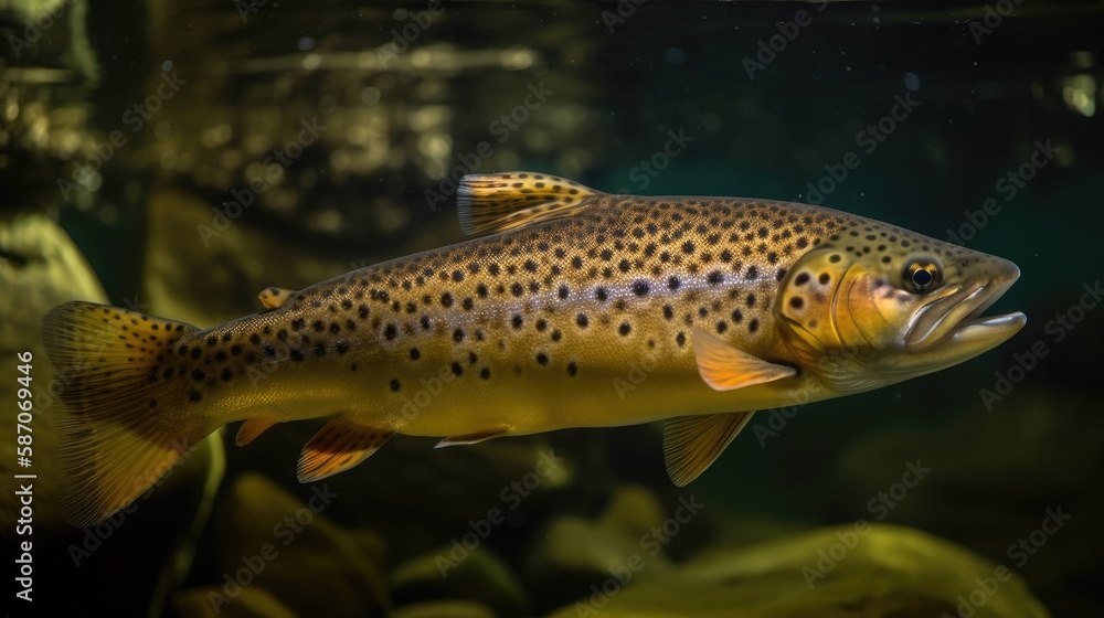 The Brown trout (Salmo trutta fario) in the aquarium, generative ai The Brown trout (Salmo trutta fario) in the aquarium, generative ai