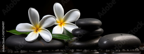 Tranquil spa composition with frangipani flowers and black pebbles  symbolizing peace and relaxation.