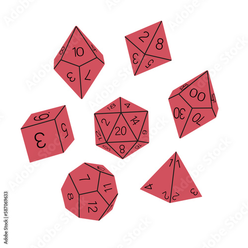 Collection of dice isolated on white background, hand drawn. D8 D10 D12 D20 Dice for Board games, RPG dice set for table game vector