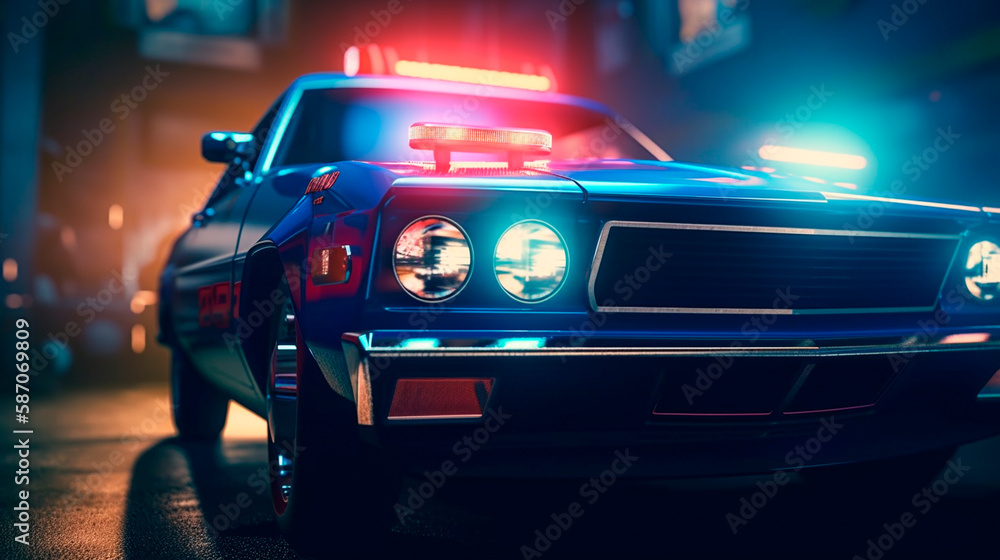 Police lights of the Police car. Police car with red and blue emergency. Emergency vehicle