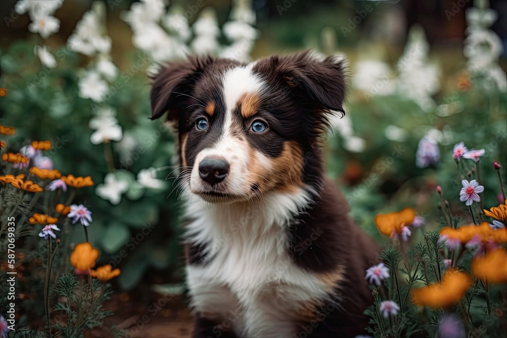 Outdoor image of a happy border collie puppy sitting on a park or garden flower background. On a walk with a new family member, a small puppy. Funny animal life concept and pet care. Generative AI