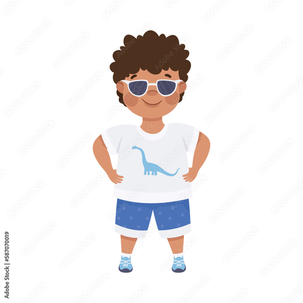 Cute self confident little boy standing with hands on hips. Dark haired curly boy dressed casual clothes and sunglasses standing in heroic pose cartoon vector illustration