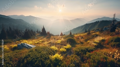 Breathtaking panorama of morning wild nature high in mountains, generative ai