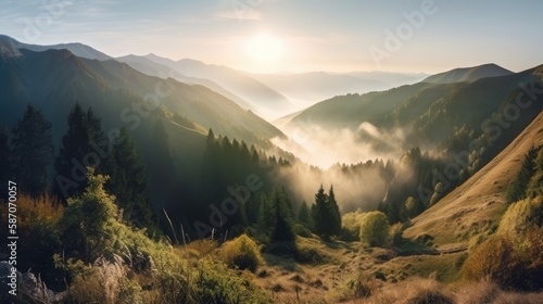 Breathtaking panorama of morning wild nature high in mountains  generative ai