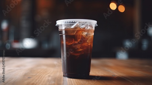 Closeup of takeaway plastic cup of iced black coffee Americano on wooden table, generative ai