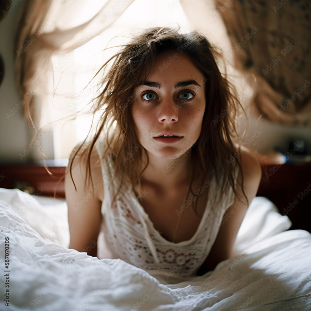 Looking down from the ceiling, we see a beautiful young , incredibly skinny girl looking up at us from her soft white bed in her plain bedroom, generative ai Looking down from the ceiling, we see a beautiful young , incredibly skinny girl looking up at us from her soft white bed in her plain bedroom, generative ai