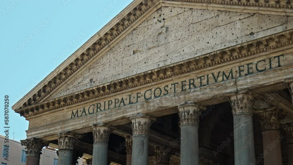 Close-up of the Pantheon Monument in the center of Rome. Famous ancient Landmark Roman Church with wide columns and tombs in Rome, Italy. Close-up of the Pantheon Monument in the center of Rome. Famous ancient Landmark Roman Church with wide columns and tombs in Rome, Italy.