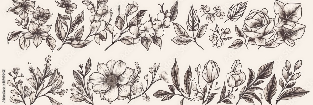 Fototapeta premium Hand drawn vintage floral borders, frames, dividers with flowers, branches and leaves. Trendy greenery elements in line art style. generative ai