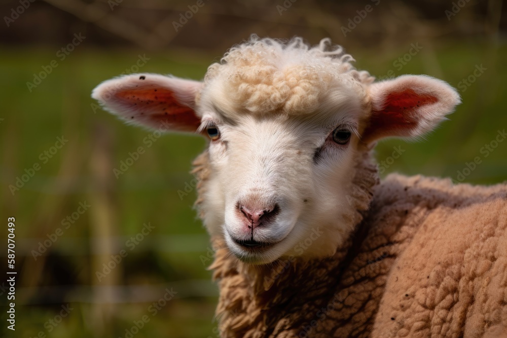 A sheep portrait in the Netherlands, spent a weekend away from the city with fresh air and a natural backdrop. Date and time of day. Generative AI