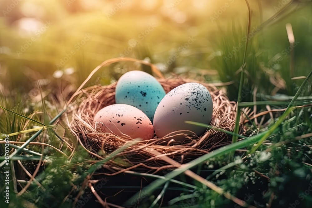 Three Speckled Eggs in a Nest in the Grassy Meadow. Generative AI
