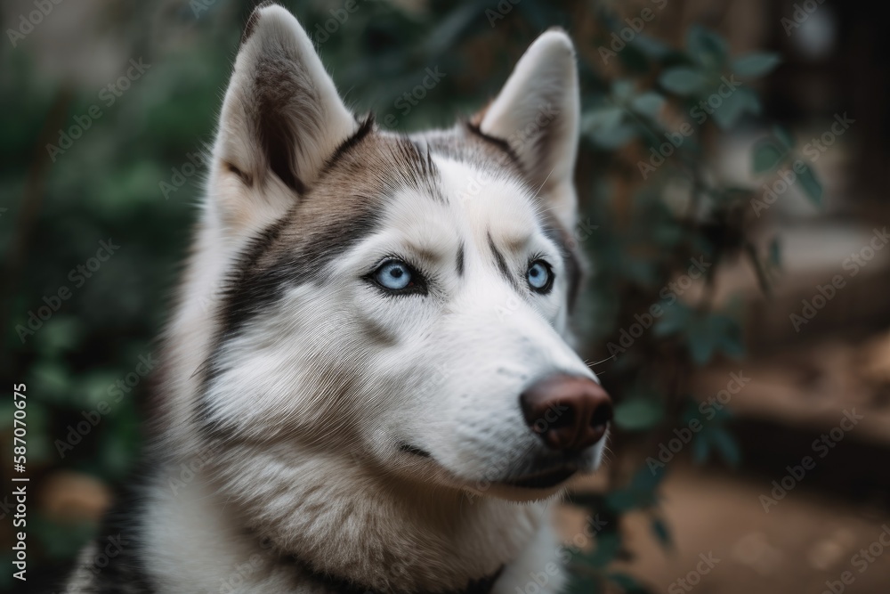Face of a Siberian Husky in the garden, close up. Generative AI