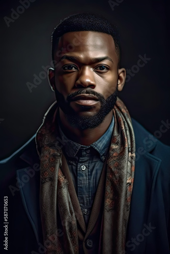 Portrait of a fashionable black man in a jacket. Generative Ai. Style, trendy, modern, urban, fashion, male, young, adult, handsome, confident, cool.