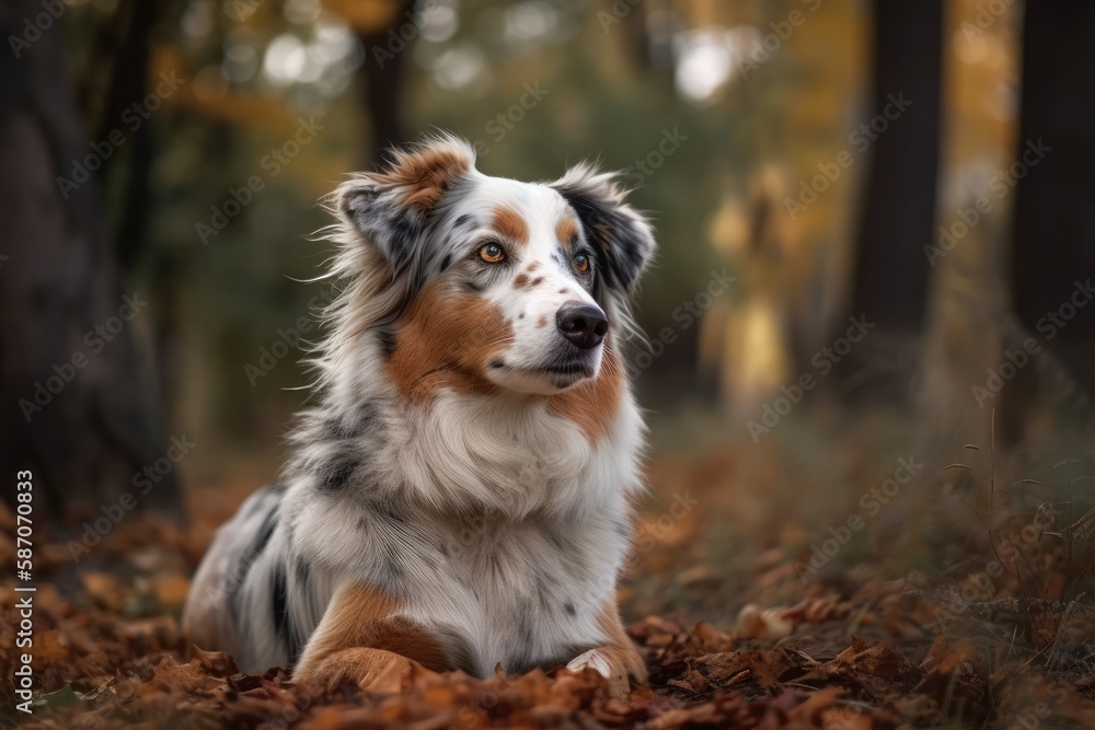 Young Australian Shepherd dog enjoying himself in a park during the summer. blank area for text. Generative AI