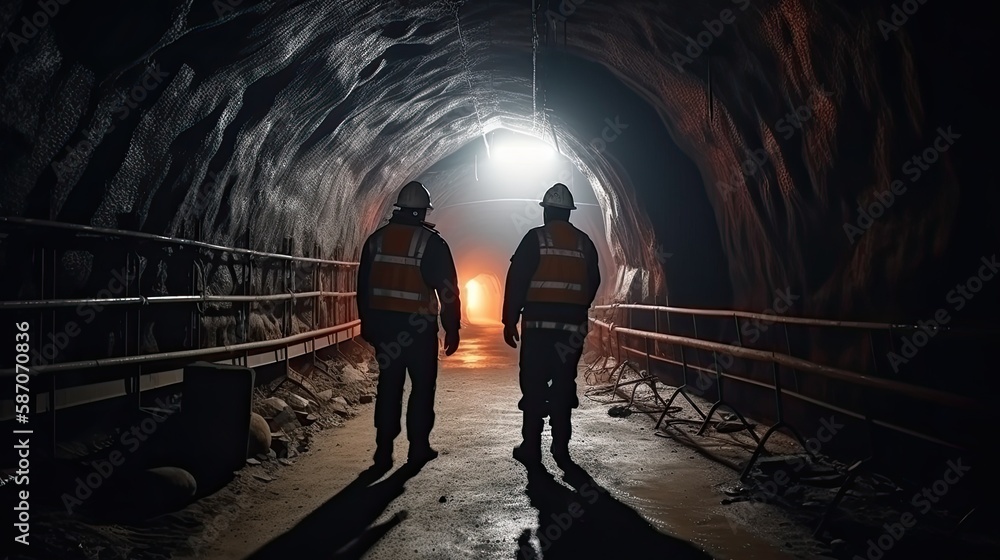 Miners underground inspecting work in progress at a mine site. back ...