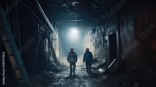 Miners underground inspecting work in progress at a mine site. back view, generative ai © Creative Station