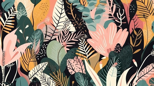 Modern colorful tropical floral pattern. Cute botanical abstract contemporary seamless pattern. Hand drawn unique print. generative ai