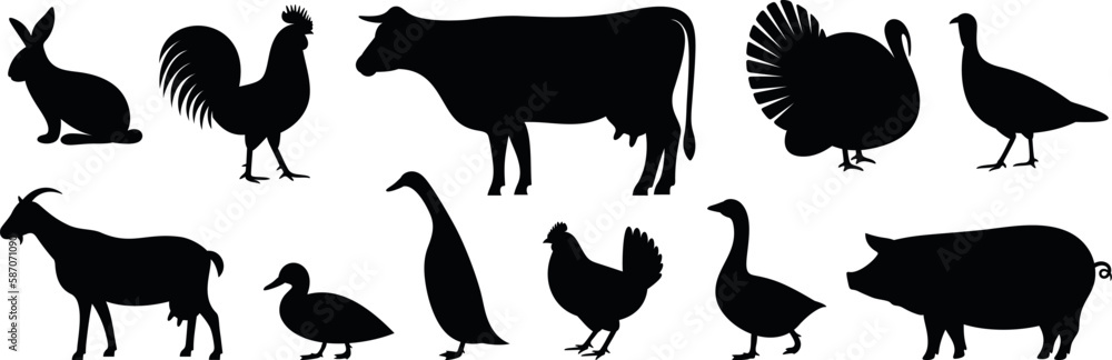 Farm animals silhouette. Isolated farm animals on white background ...