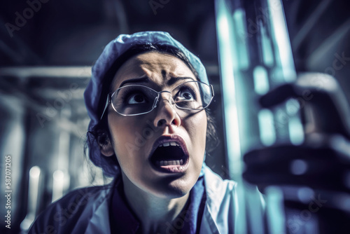 A shocked female doctor making a discovery in a  test tube with transparent liquid in a hospital laboratory with copy space, generative ai © J S