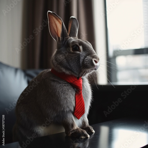 animal in a black suit with red tie  rabbit  business man  generative ai 
