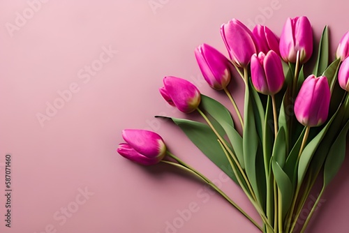 Beautiful composition spring flowers. Bouquet of pink tulips flowers on pastel pink background. Valentine's Day, Easter, Birthday, Happy Women's Day, Mother's Day. Flat lay, top view, copy space © DESIGN