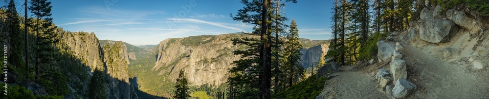 Switchback Along Four Mile Trail With Sentinel Rock and El Cap to the Left and Yosemite Falls