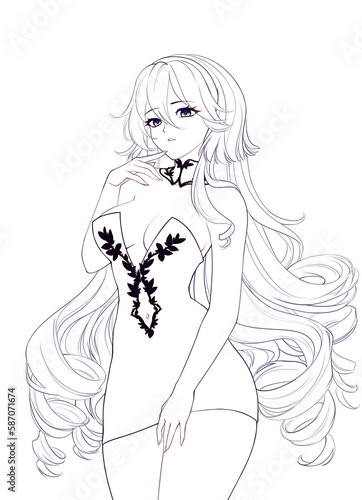 Anime illustration. Manga girl with long curly wavy hair, wearing short party dress isolated.