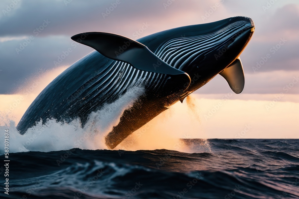 Fototapeta premium The whale jumps out of the ocean in stormy weather. Wildlife concept of ecological environment. Generative AI
