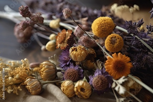 Room decor dried yellow and violet flowers with copy space. Text ad space. Boho chic house decor. Boho holiday picture zone. Concentration. Generative AI