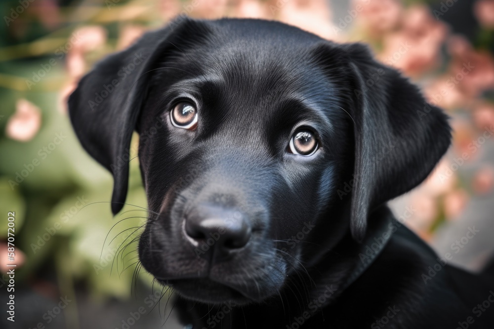 A black Labrador Retriever is depicted in a photo. a close up of a lab puppy. Face, eyes, ears, nose, and paws of a black dog. In the garden, pet. daylight photography. the best buddy of people. Shine A black Labrador Retriever is depicted in a photo. a close up of a lab puppy. Face, eyes, ears, nose, and paws of a black dog. In the garden, pet. daylight photography. the best buddy of people. Shine
