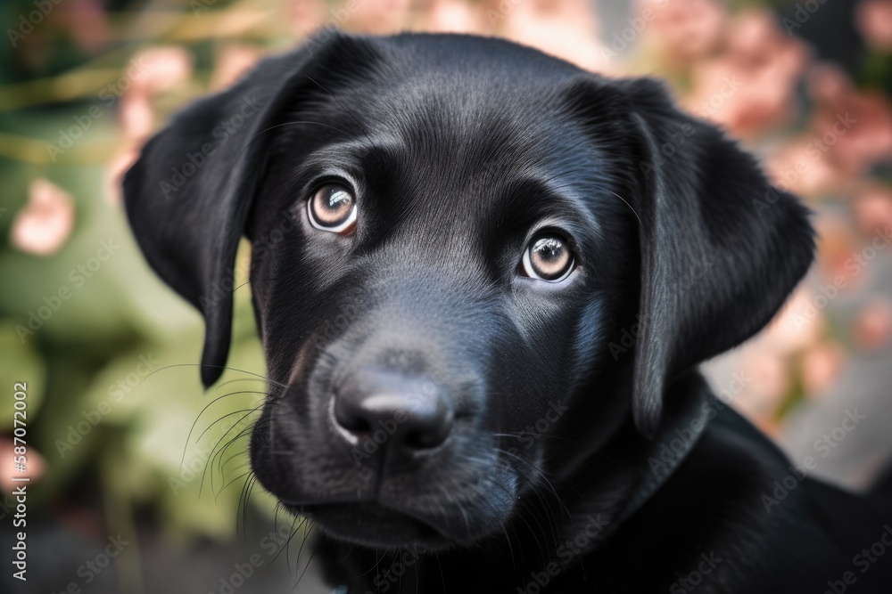 A black Labrador Retriever is depicted in a photo. a close up of a lab puppy. Face, eyes, ears, nose, and paws of a black dog. In the garden, pet. daylight photography. the best buddy of people. Shine